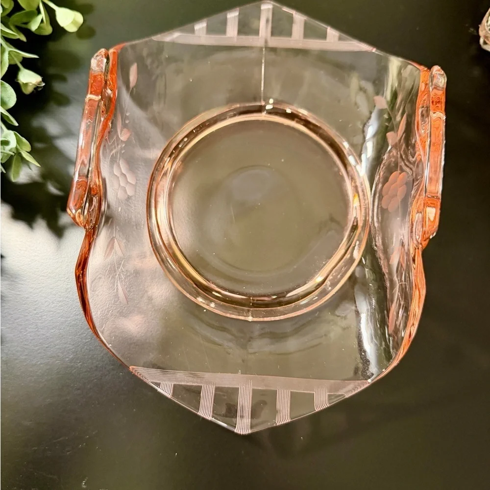 VINTAGE, PINK DEPRESSION GLASS DISH WITH FLORAL ETCHING ON SIDES